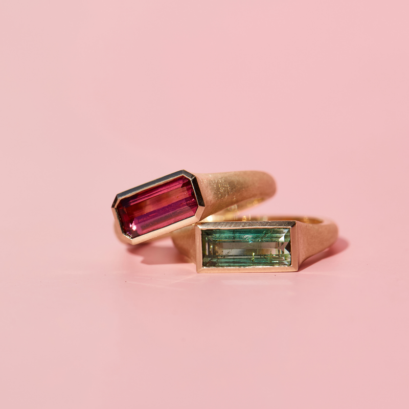 Nico Ring with Baguette Bi Colour Green Tourmaline