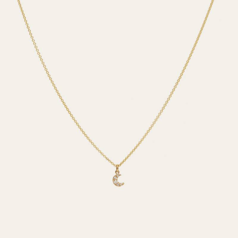 Tiny Pave Diamond Moon Necklace - 9ct Gold