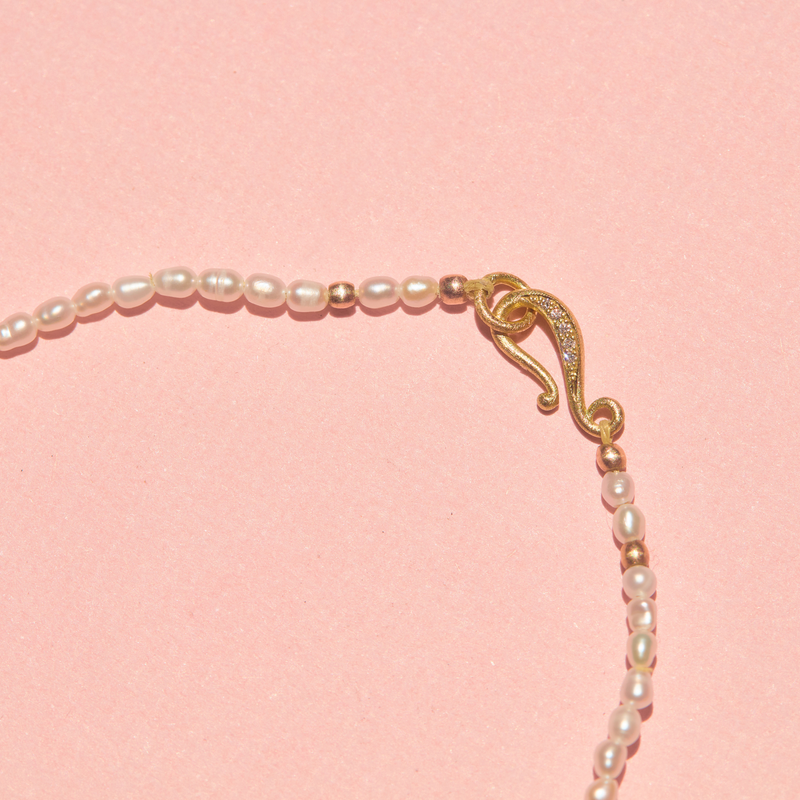 Tiny Pearl Necklace with Diamond Scroll Clasp - 18ct Gold