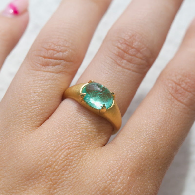 Oracle Ring with Oval Cabochon Emerald - 18ct Gold