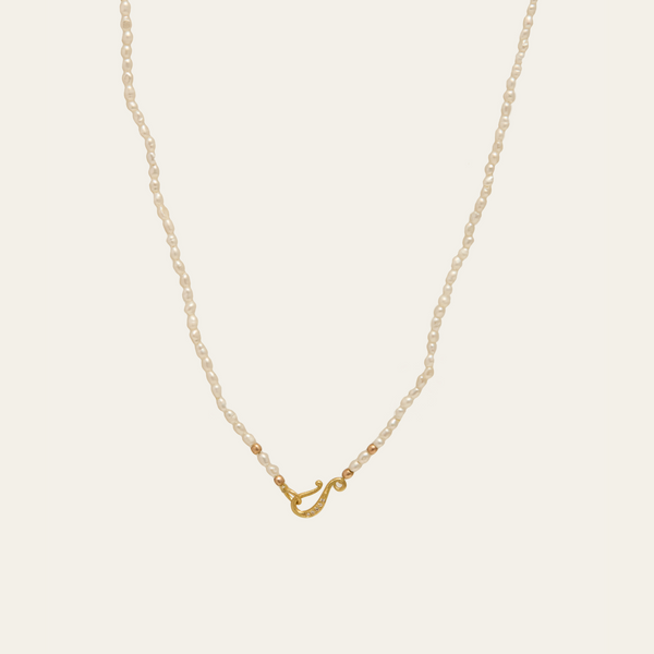 Tiny Pearl Necklace with Diamond Scroll Clasp - 18ct Gold