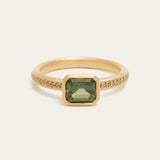 Olive Emerald Cut Green Sapphire & Diamond Ring - 18ct Gold