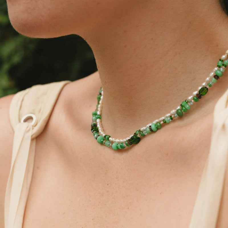 Sunny Bead Necklace Green & Pearl