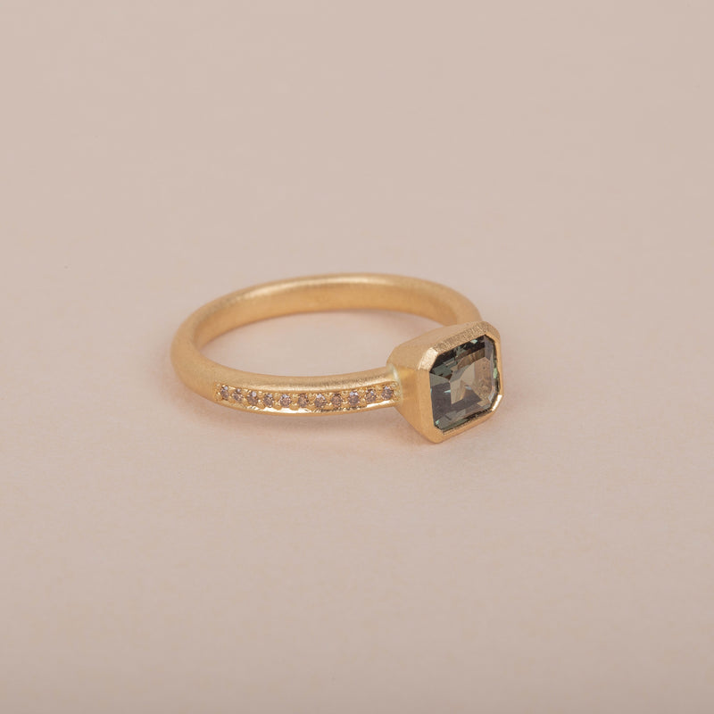 Olive Emerald Cut Green Sapphire & Diamond Ring - 18ct Gold